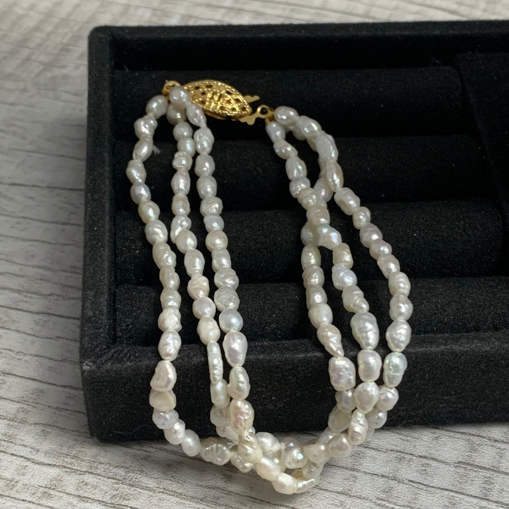 Triple Strand Freshwater Rice Pearl Bracelet Gold Tone Filigree Clasp 7.25 In